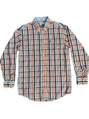 IZOD Boys XL (18/20) Plaid Long Sleeve Button Down Shirt Orange Blue Multicolor